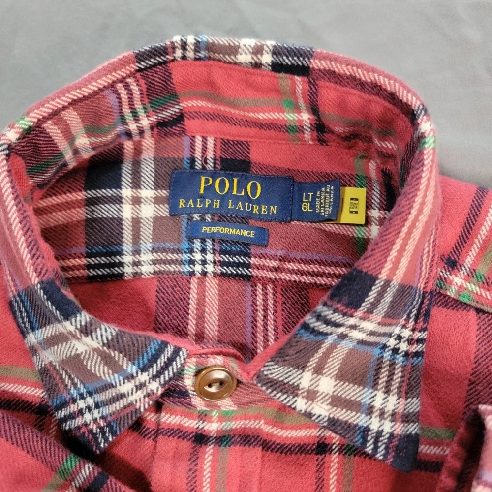 Polo Ralph Lauren Flannel Shirt Men's Large Tall Red Plaid Elbow Patches Pockets